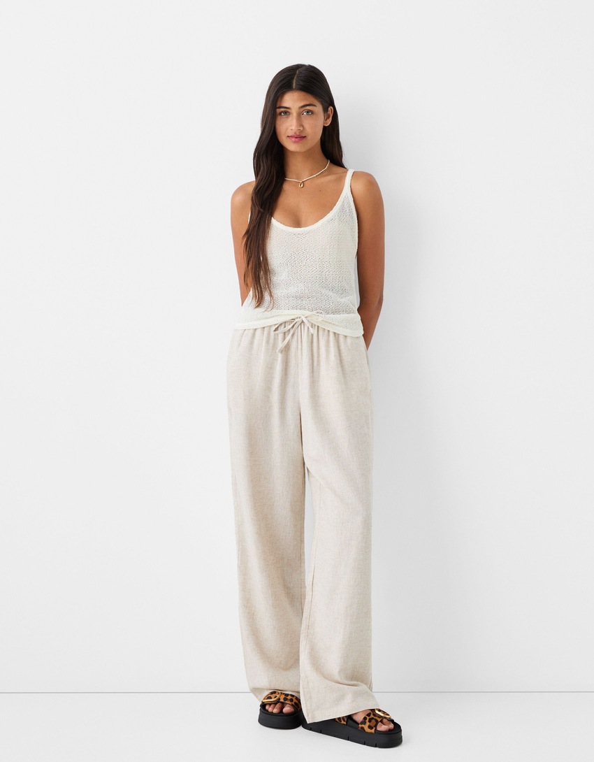 Straight-Fit-Hose mit Leinen und Stretchbund-Rohweiß-0