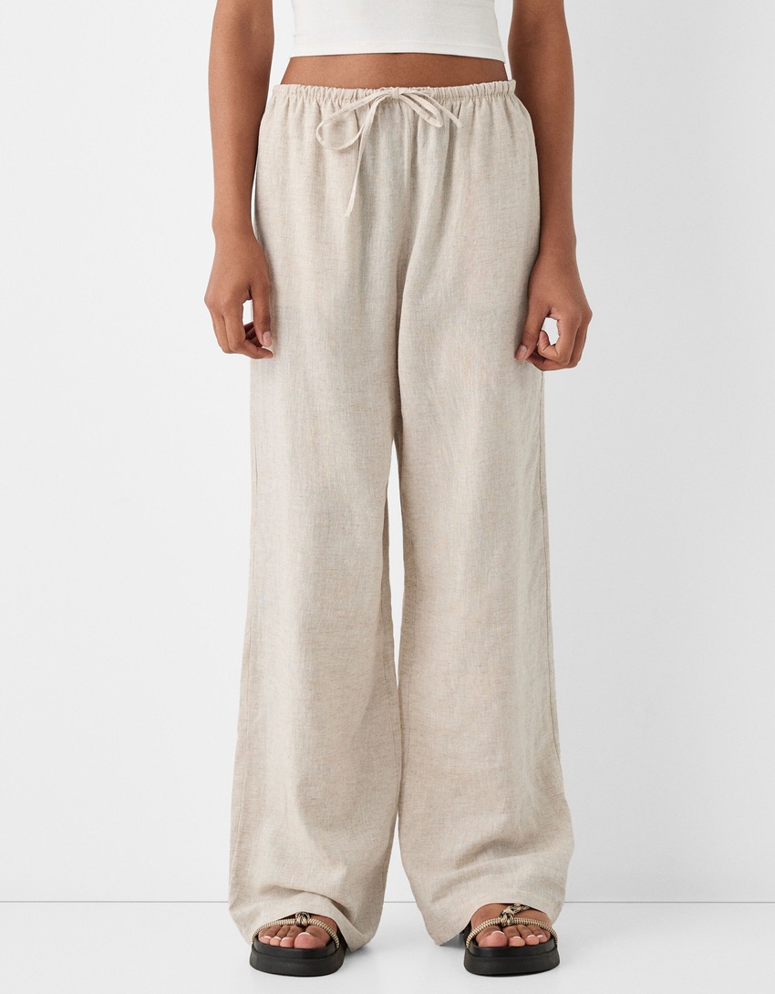 Pantalón straight con lino cintura goma-Crudo-1
