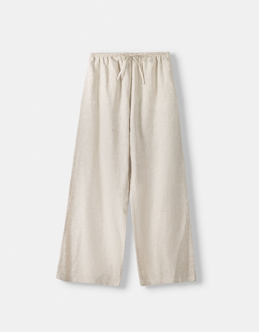 Pantalón straight con lino cintura goma-Crudo-4