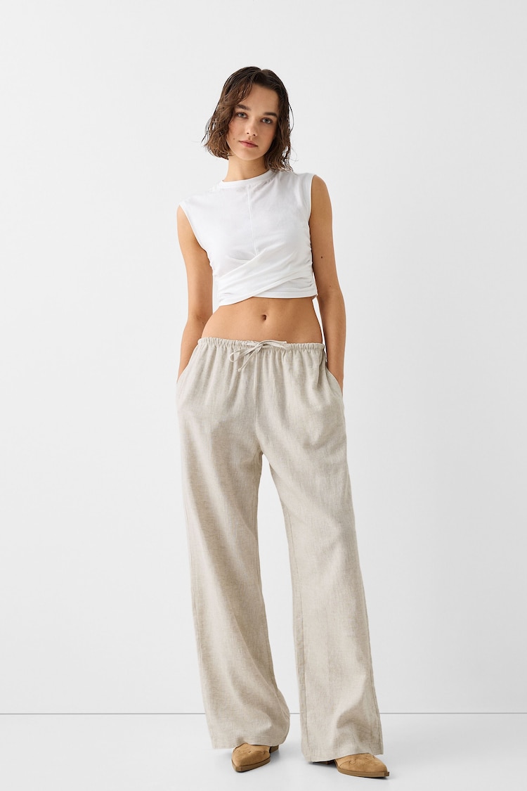 Pantaloni straight fit in misto lino con vita elasticizzata