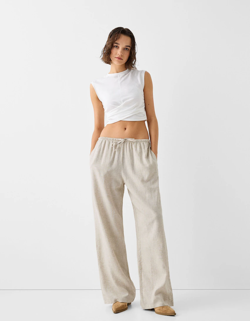 Straight-leg linen blend pants with an elastic waist