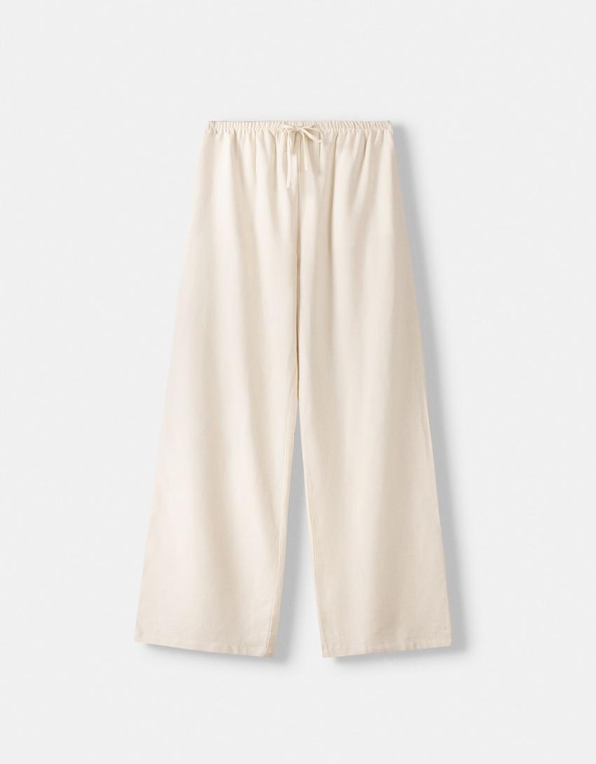 Straight-leg trousers with linen and an elastic waist-Sand-0