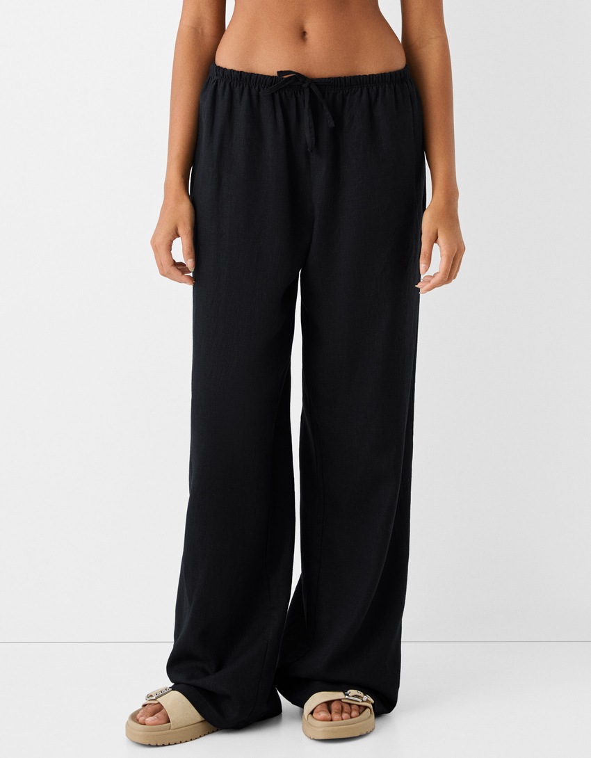 Straight broek met linnen en elastische taille-Zwart-1