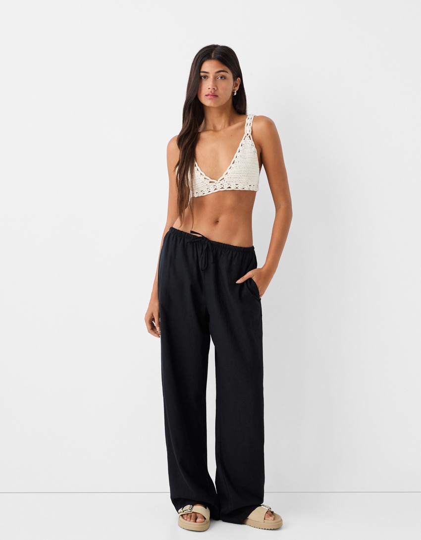 Straight broek met linnen en elastische taille-Zwart-0