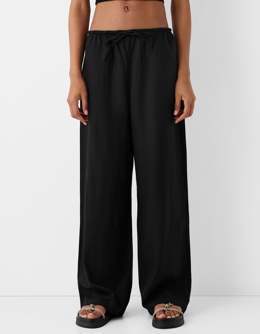 Straight-leg trousers with linen and an elastic waist-Black-1