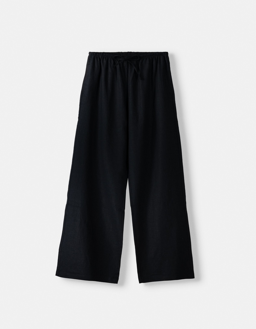Straight-leg trousers with linen and an elastic waist-Black-5