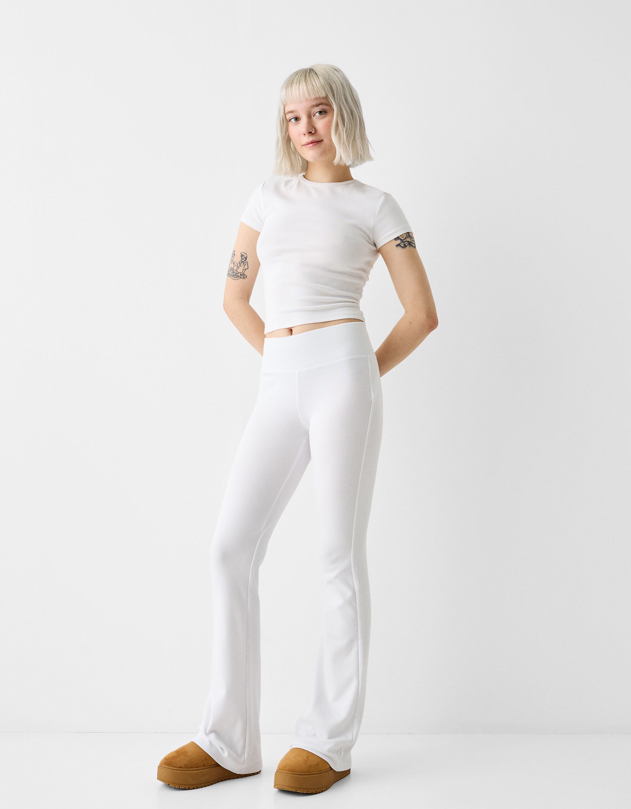 White ribbed cheap flared trousers