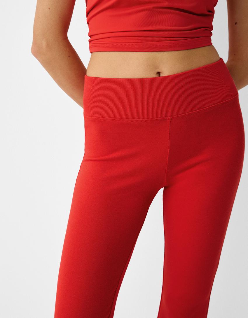 Ribbed waist flared trousers-Red-3