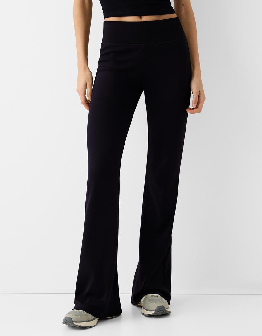 Ribbed waist flared trousers-Black-1