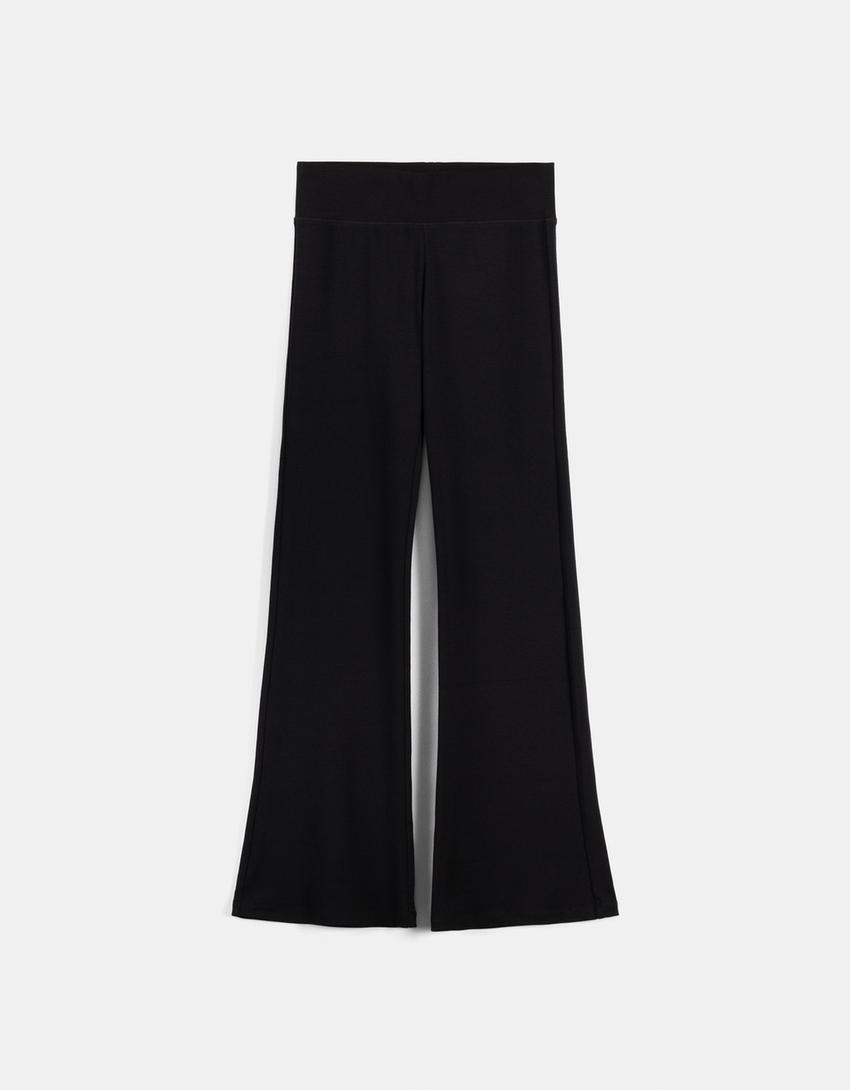 Ribbed waist flared trousers-Black-4