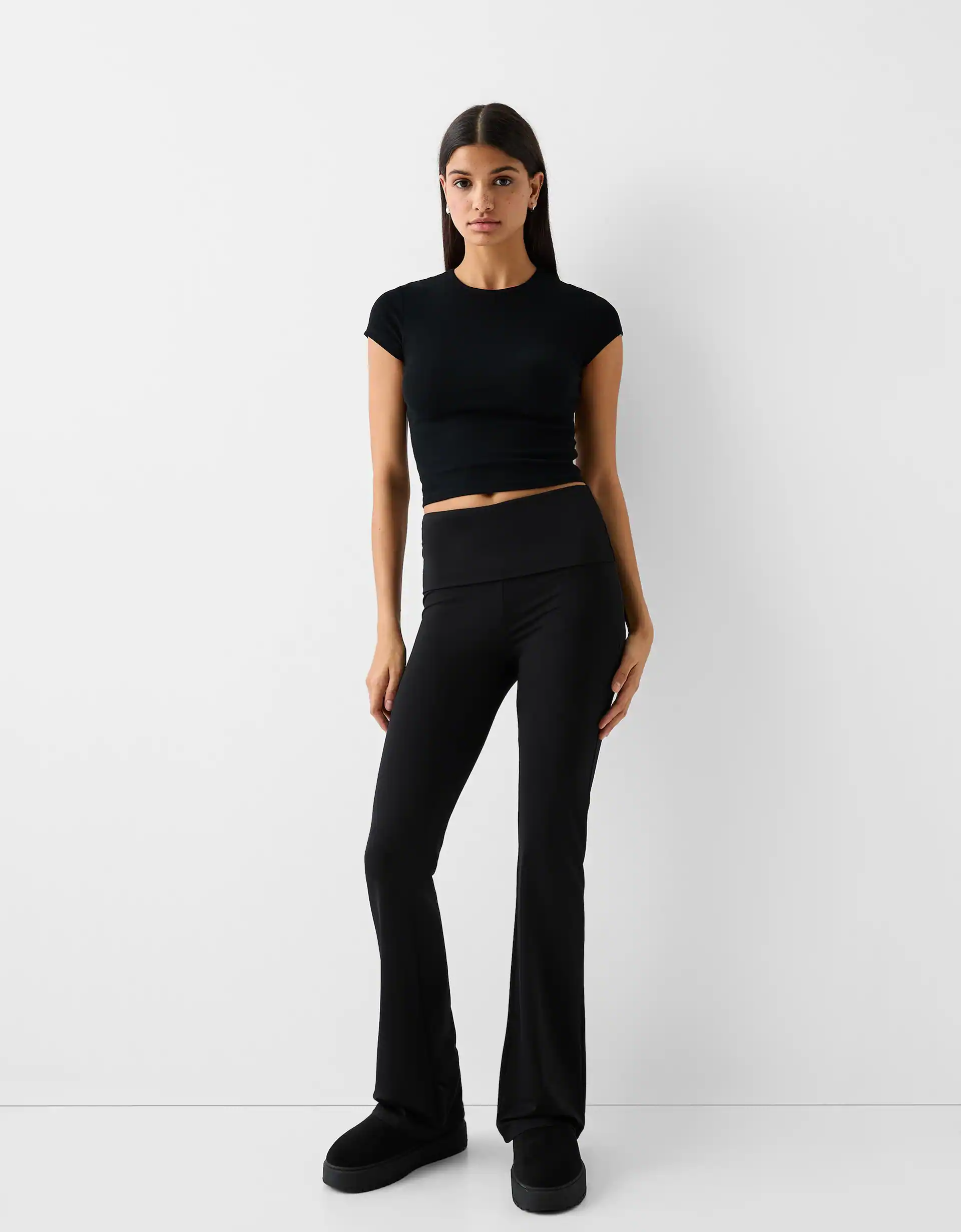 Fold Over Waist Flared Trousers In Grey Contrast Rib