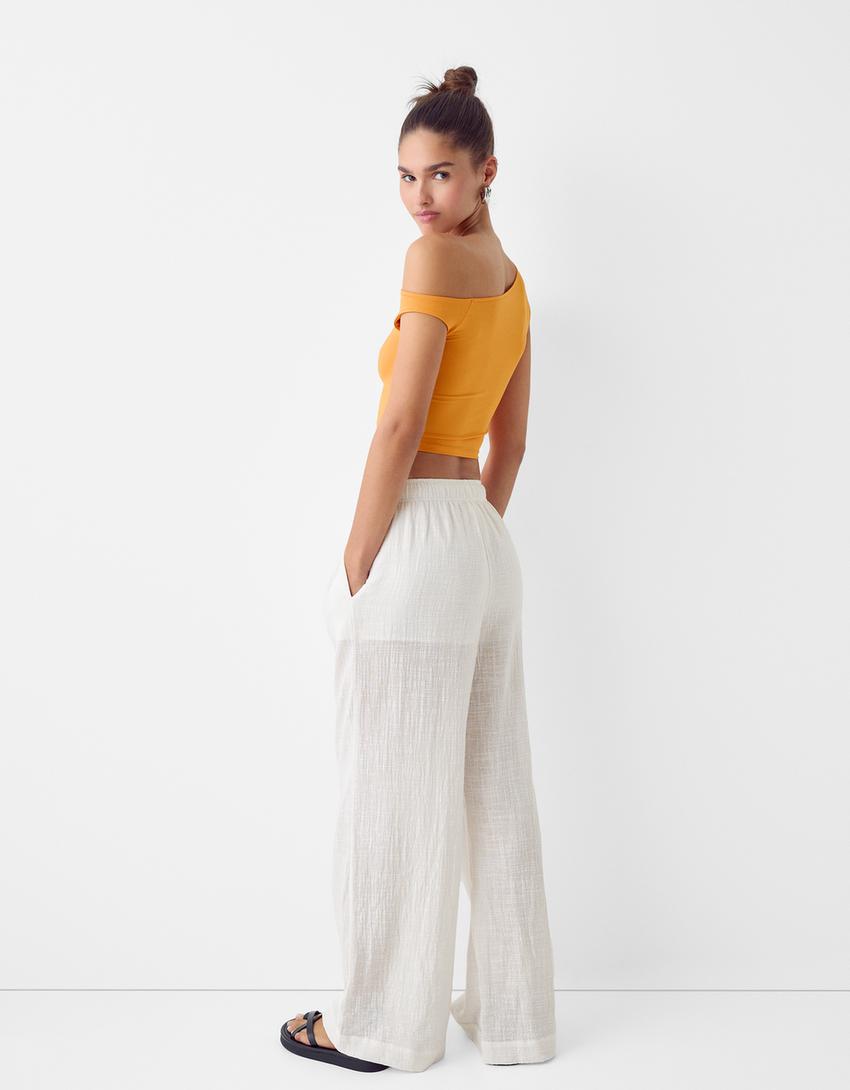 Rustik wide leg pantolon-Beyaz-2