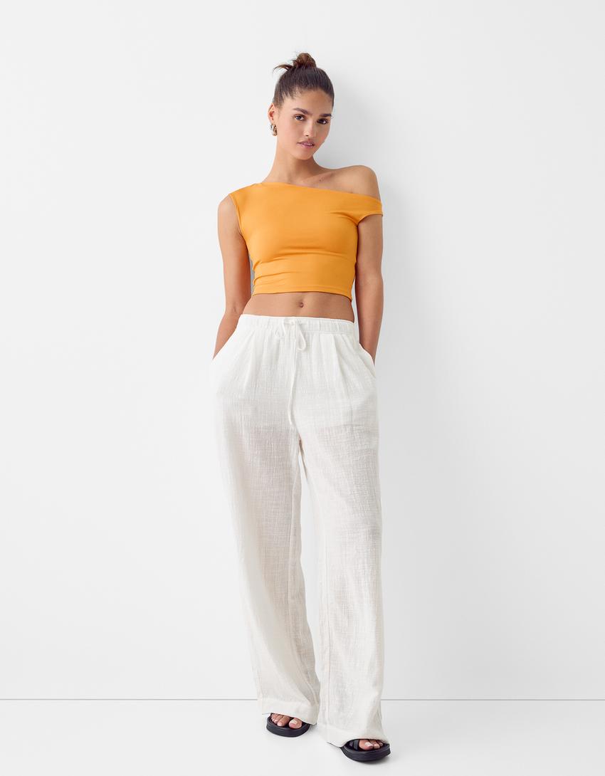 Rustik wide leg pantolon-Beyaz-0