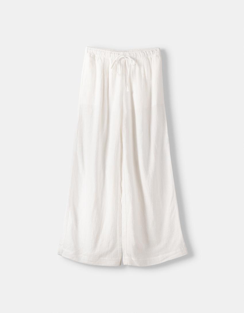 Rustik wide leg pantolon-Beyaz-5