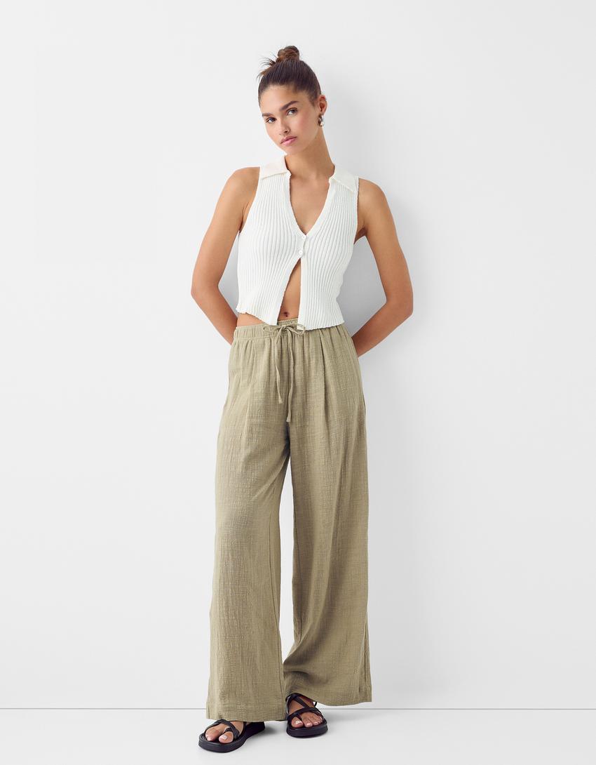 سروال ريفي بساق عريضة-كاكي-0