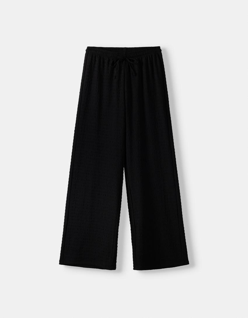 Gofre kumaş straight fit pantolon-Siyah-5