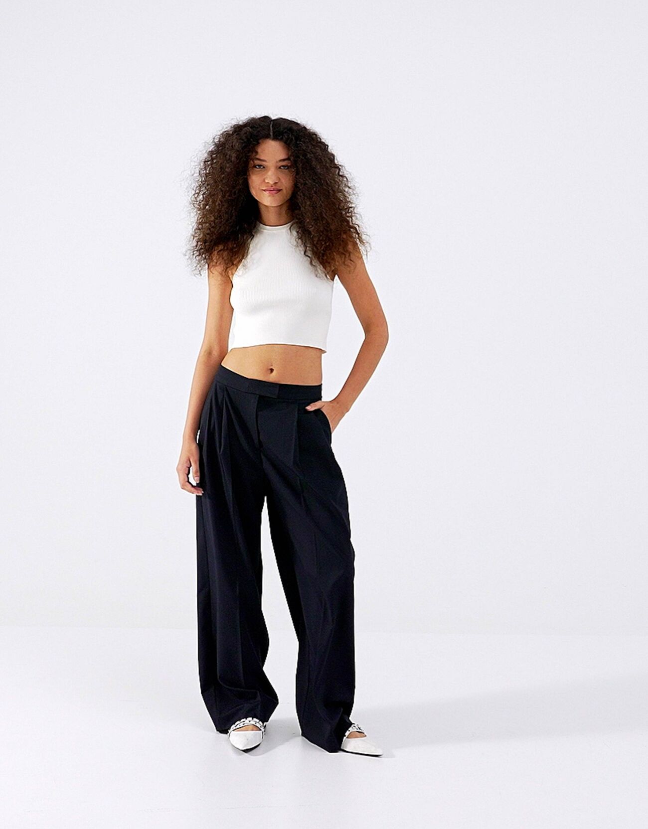 CONTRASTING DOUBLE WAISTBAND PANTS - Black