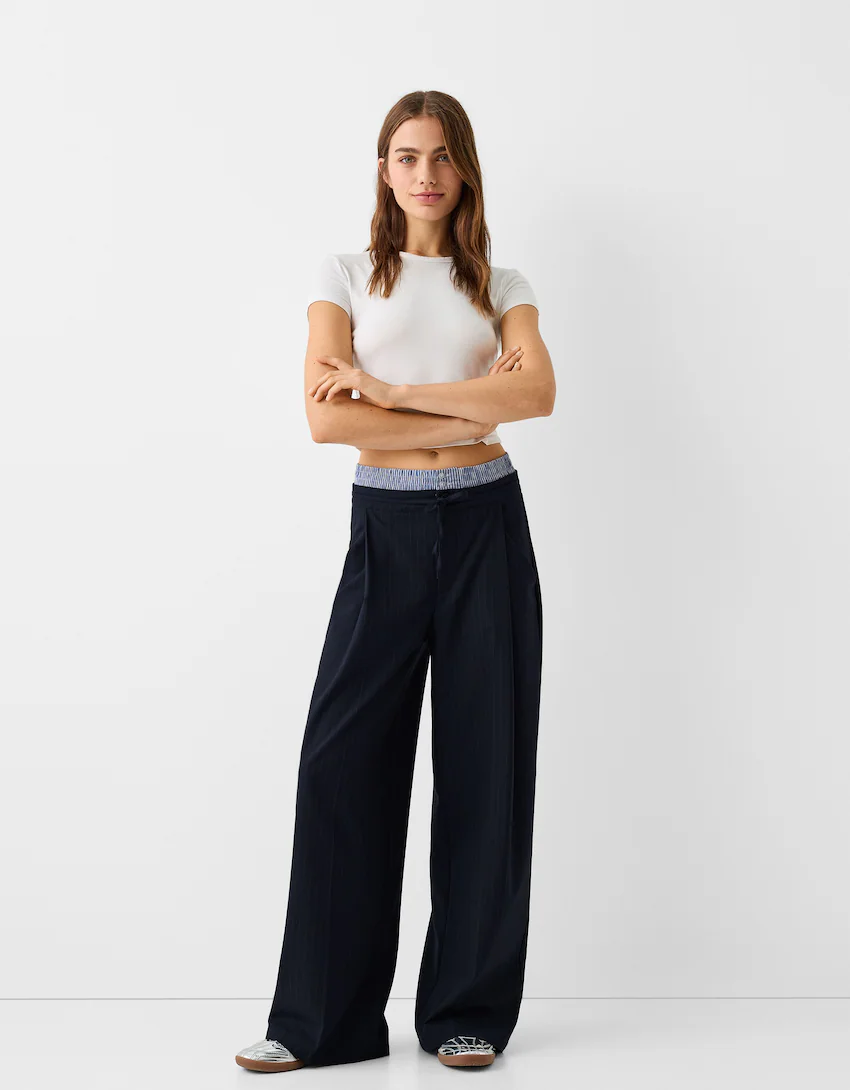 Pinstripe trousers with elastic waistband