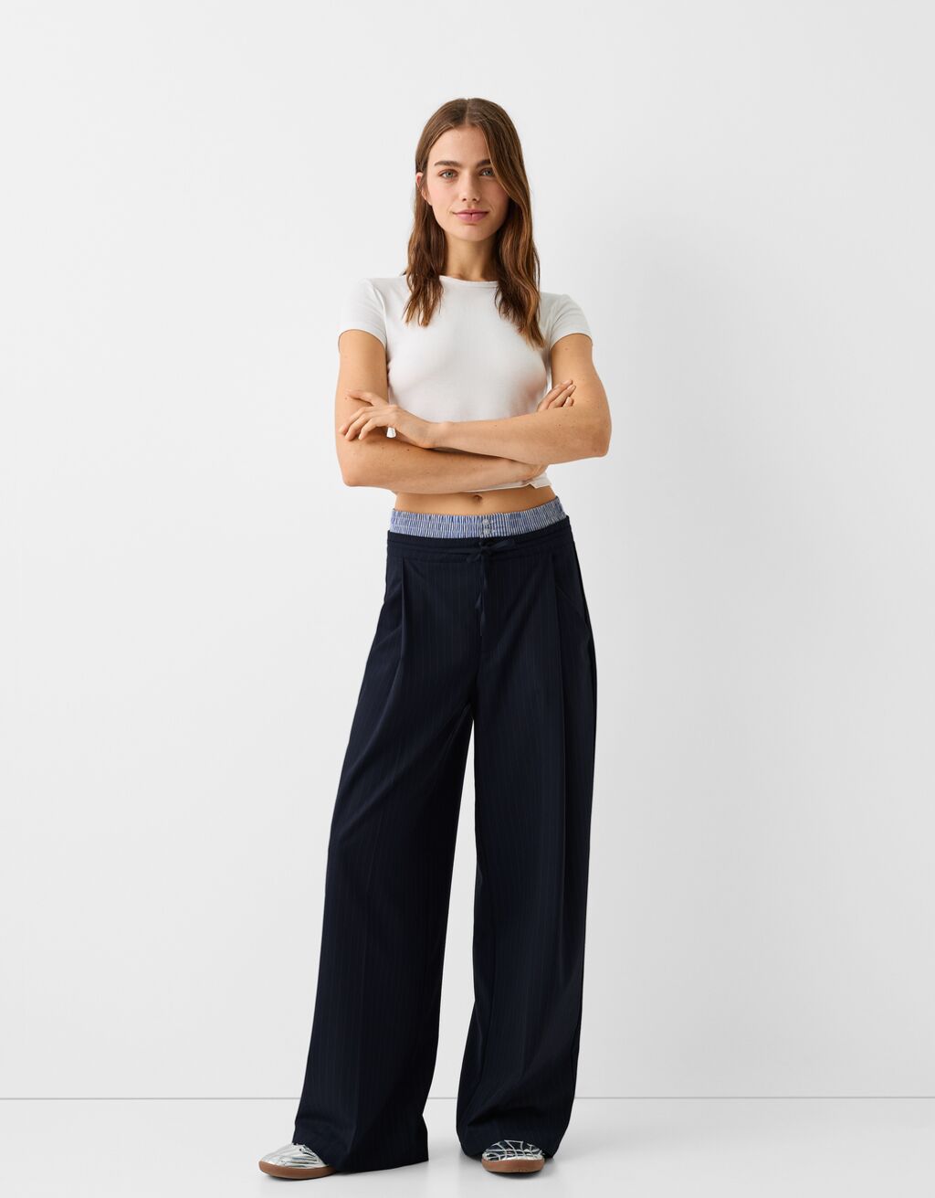 Women's Pinstripe Elasticated Waist Straight Leg Trousers