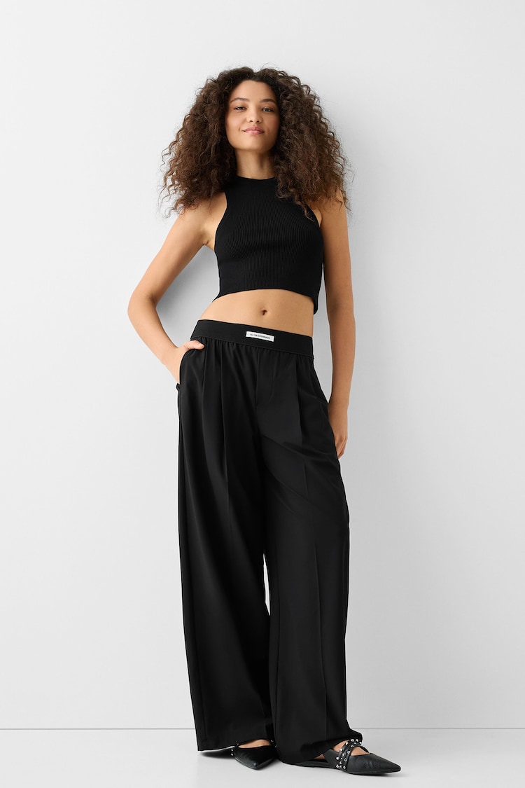 Wide-leg tailored fit trousers with elastic waist