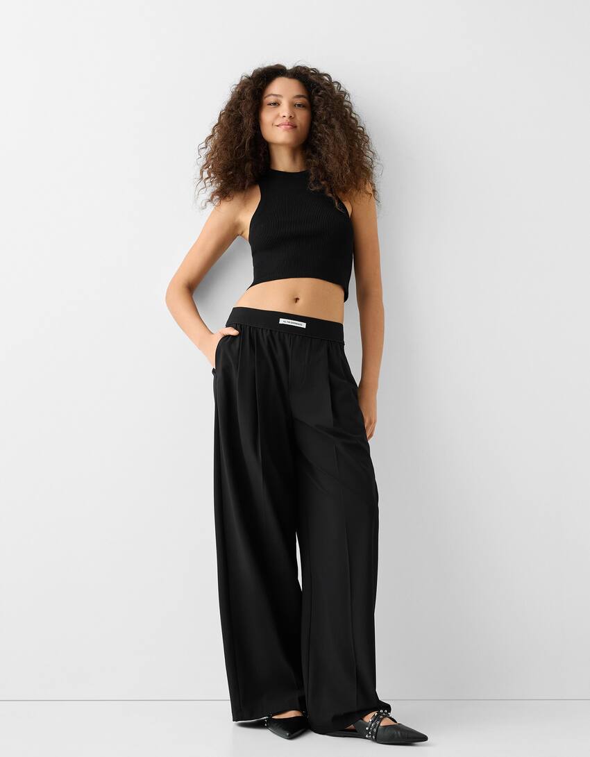ZARA NEW WOMAN SS24 BLACK WIDE-LEG TROUSERS WITH DOUBLE WAISTBAND