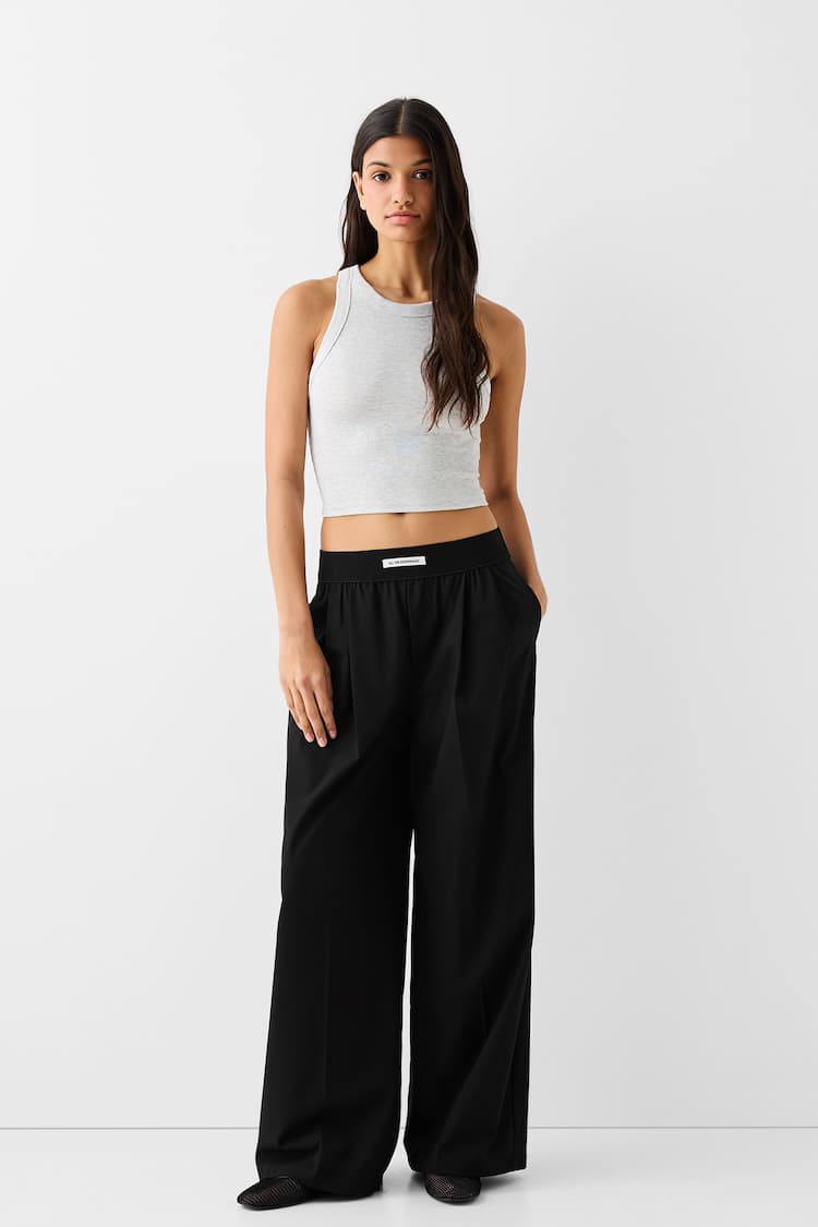 Wide-leg tailored fit trousers with elastic waist