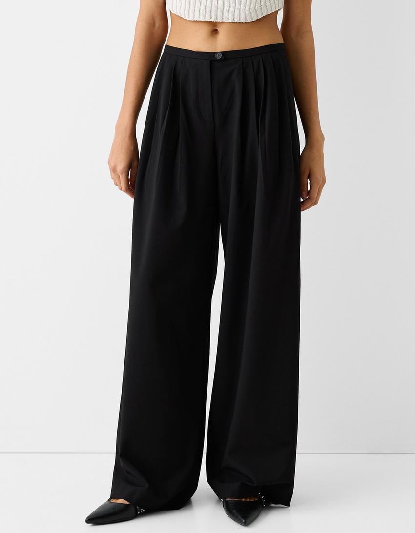 Pilili özel dikim wide leg pantolon-Siyah-1