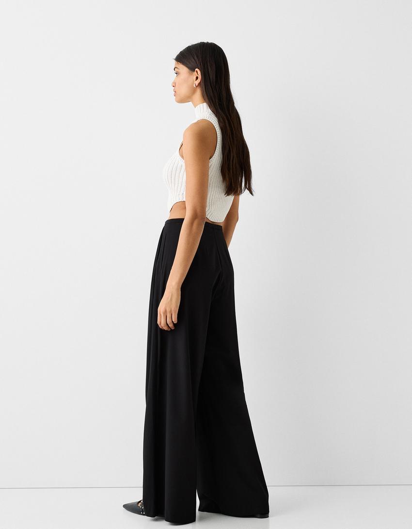 Pilili özel dikim wide leg pantolon-Siyah-2