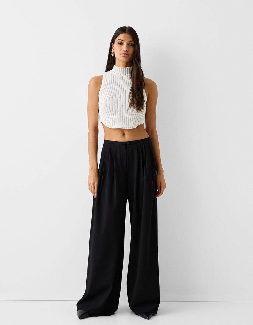 Pilili özel dikim wide leg pantolon-Siyah-0