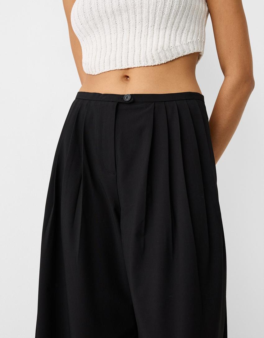 Pilili özel dikim wide leg pantolon-Siyah-3