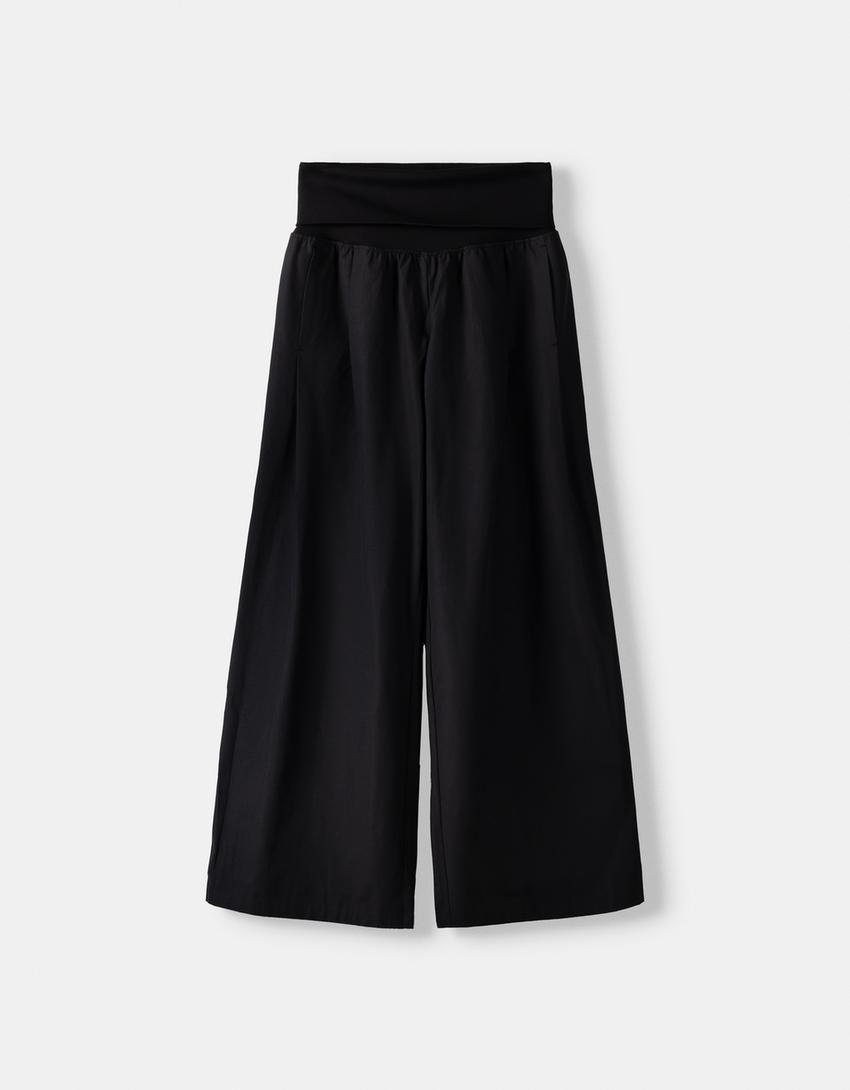 Wide-leg trousers with fold-over waist-Black-5