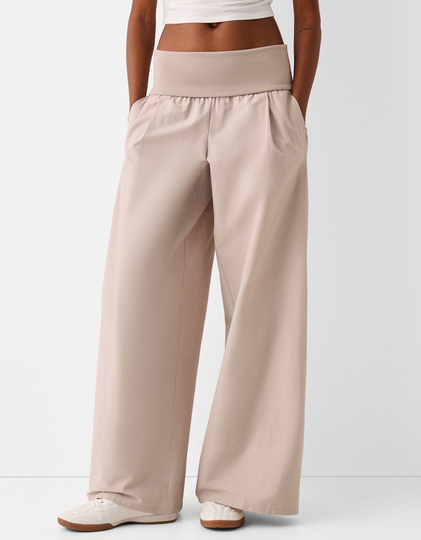 Wide-leg trousers with fold-over waist-Stone-1