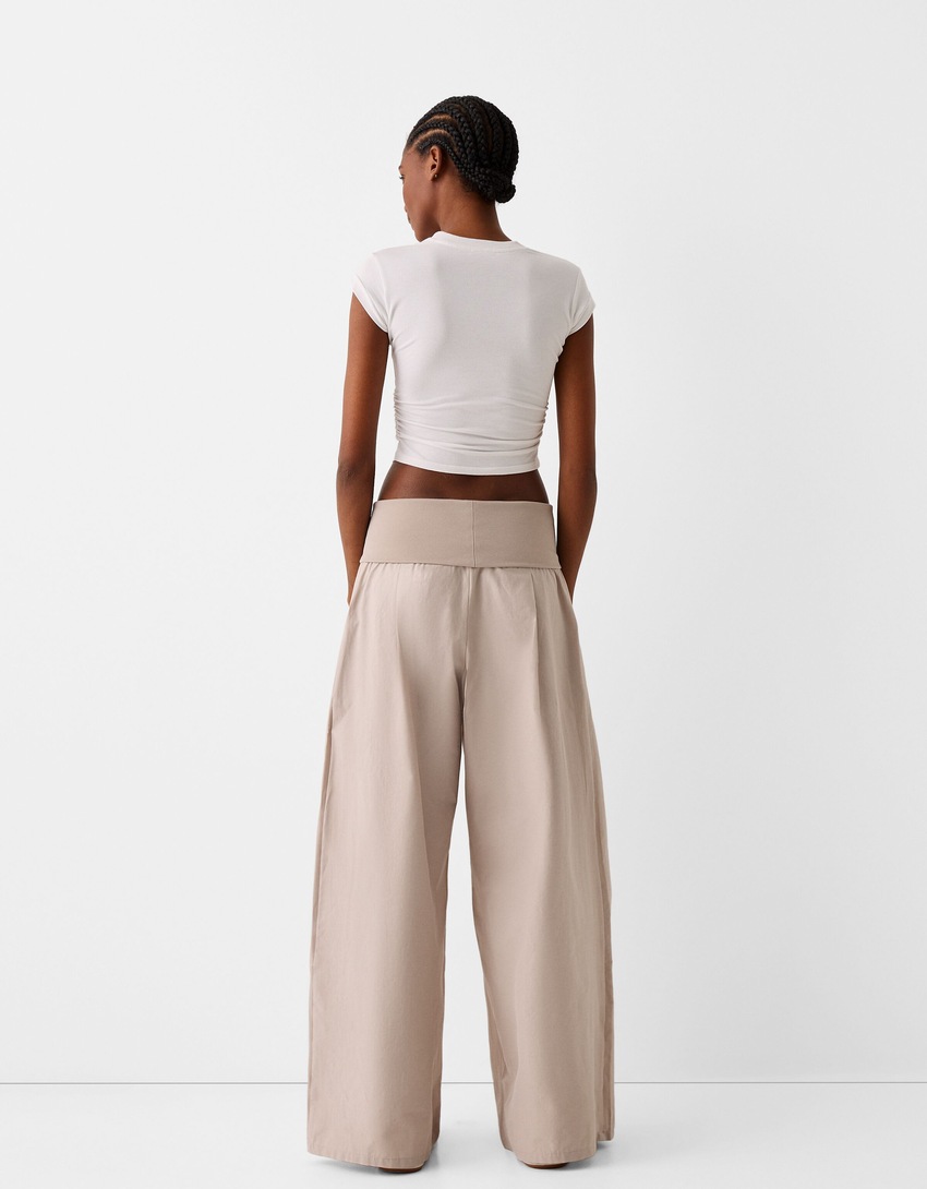 Wide-leg trousers with fold-over waist-Stone-2