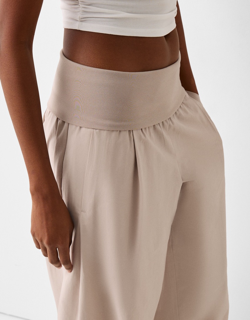 Wide-leg trousers with fold-over waist-Stone-3