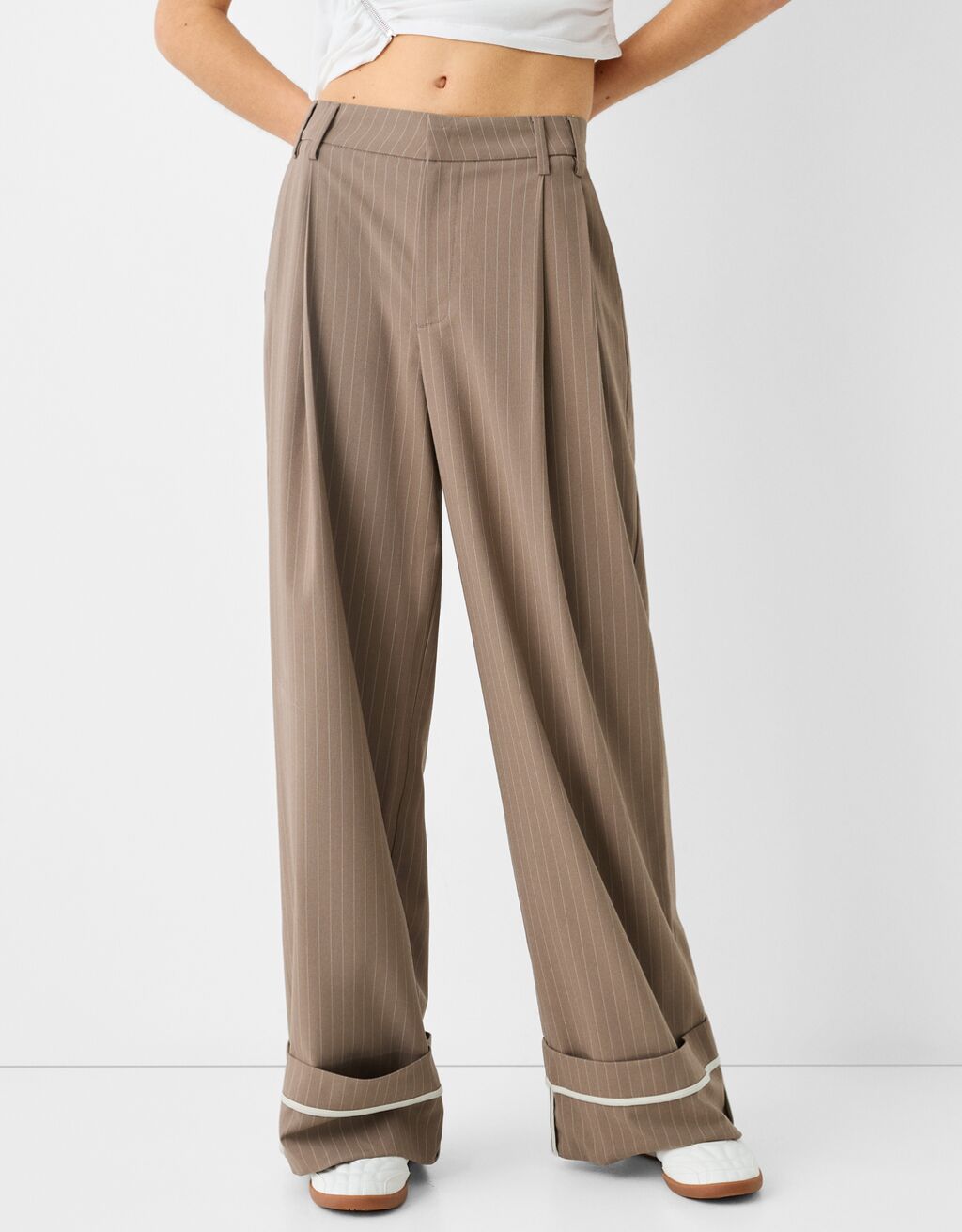 Calças wide leg com pinças-Bege escuro-1