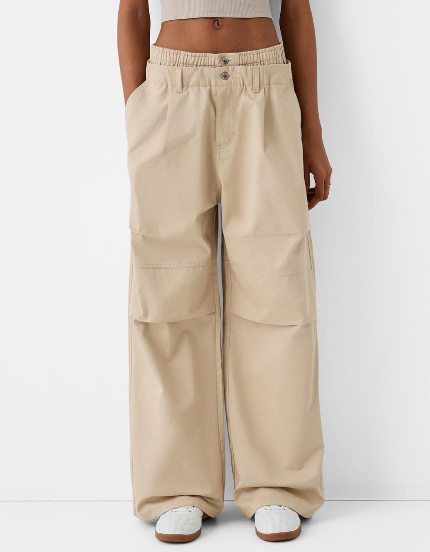 Twill double waist pants-Camel-4