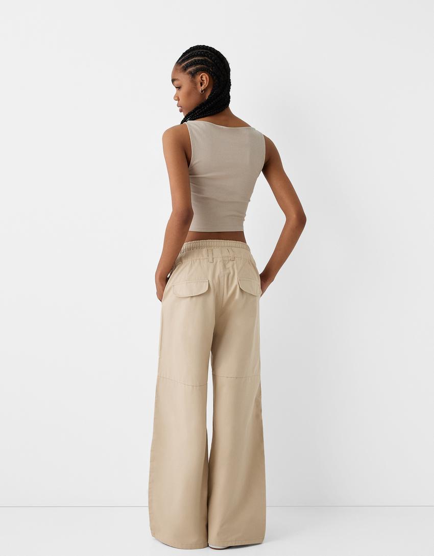 Twill double waist pants-Camel-1