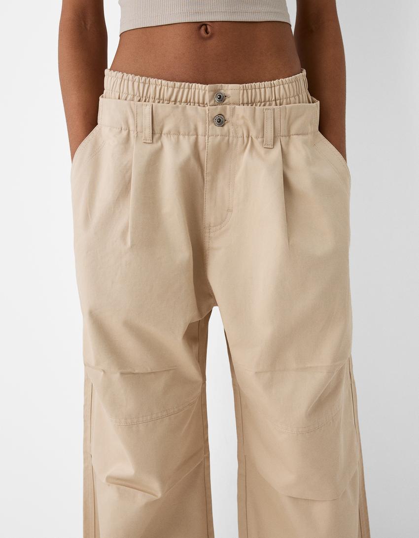 Twill double waist pants-Camel-2