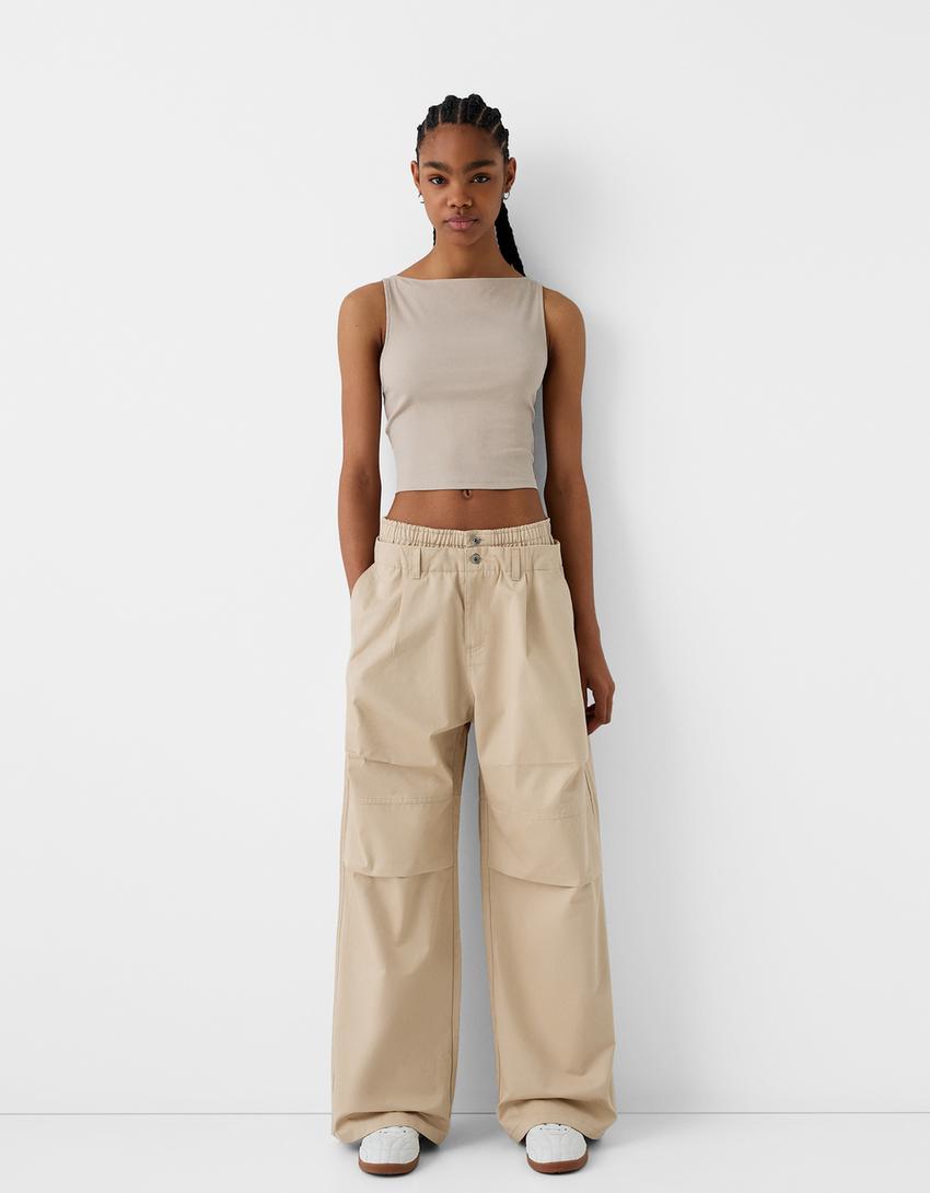 Twill double waist pants-Camel-0