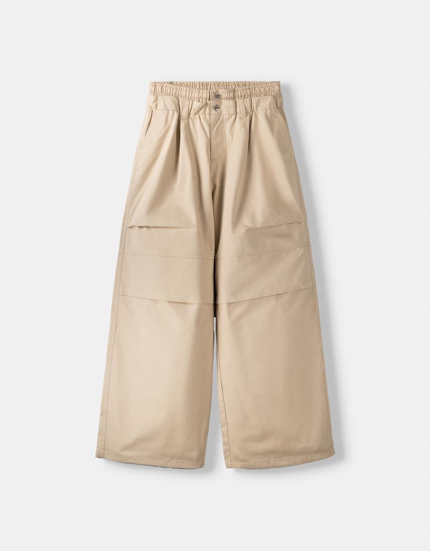 Twill double waist pants-Camel-5