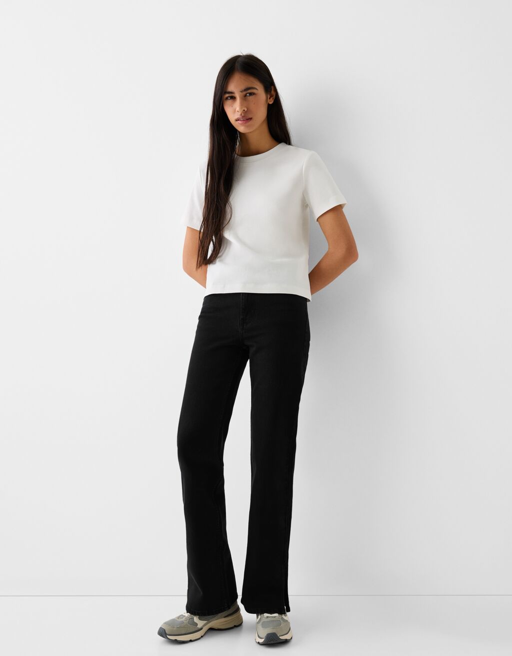 Jeans flare conforto abertura lateral-Preto-0