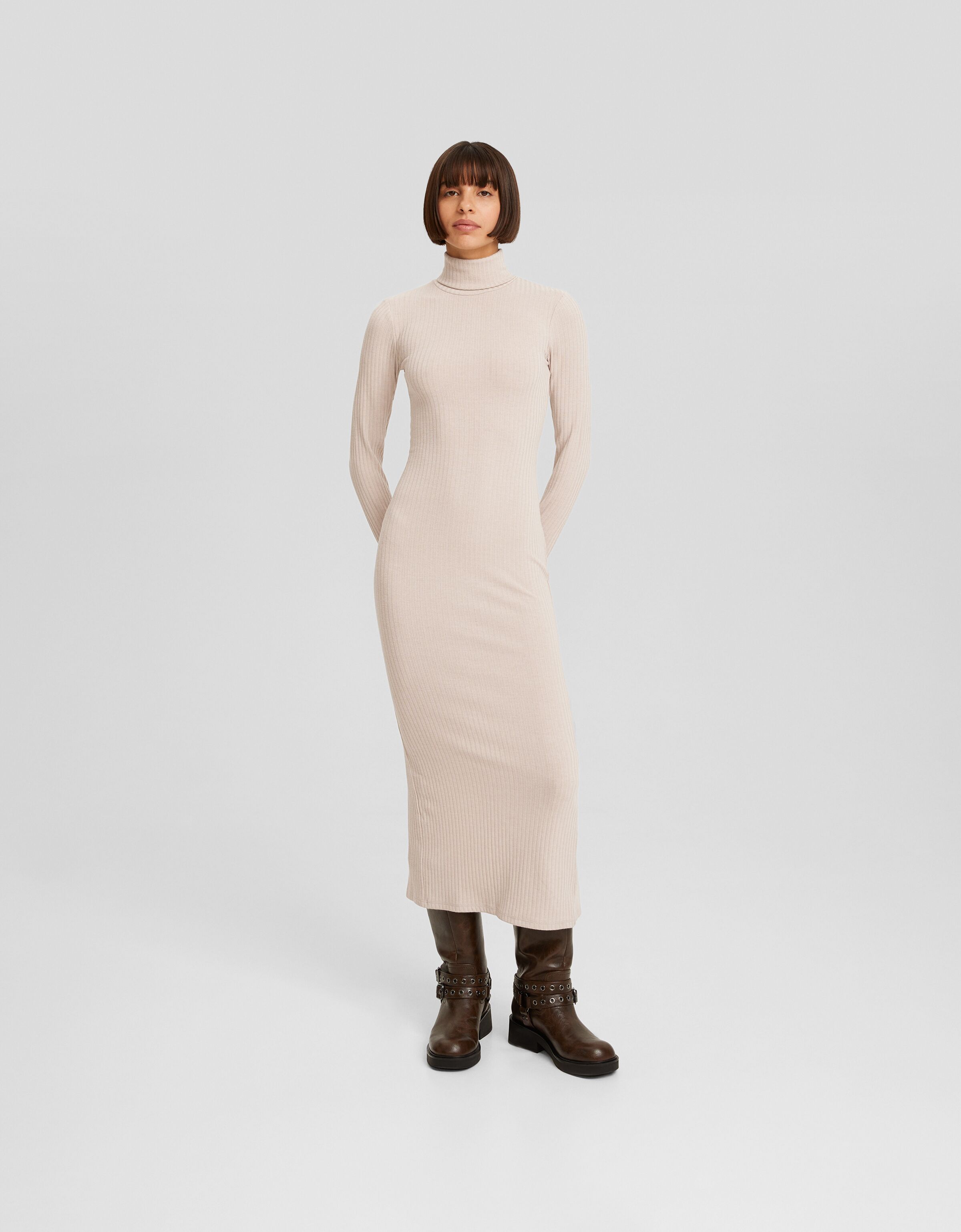 Ribbed knit high neck dress with long sleeves