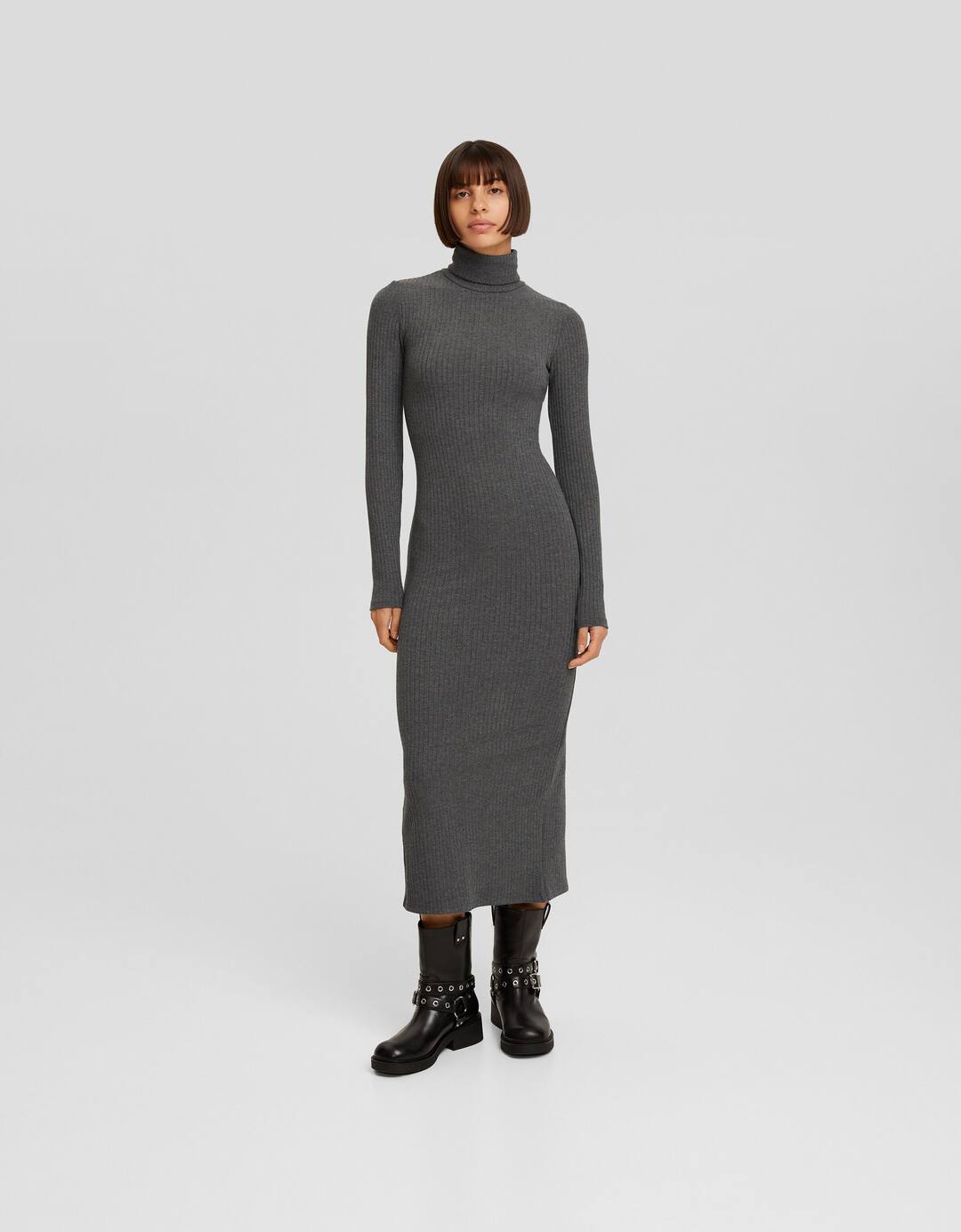 Ribbed knit high neck dress with long sleeves