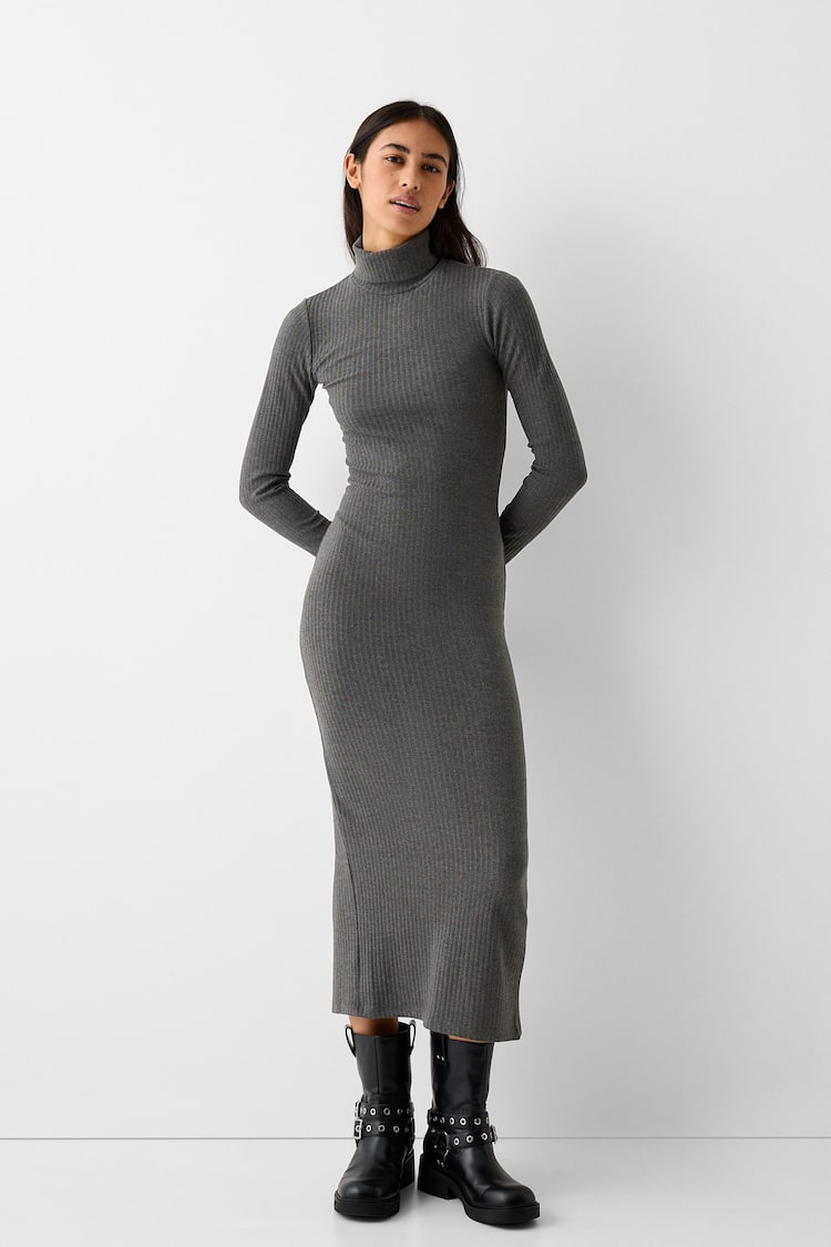 Ribbed knit high neck dress with long sleeves