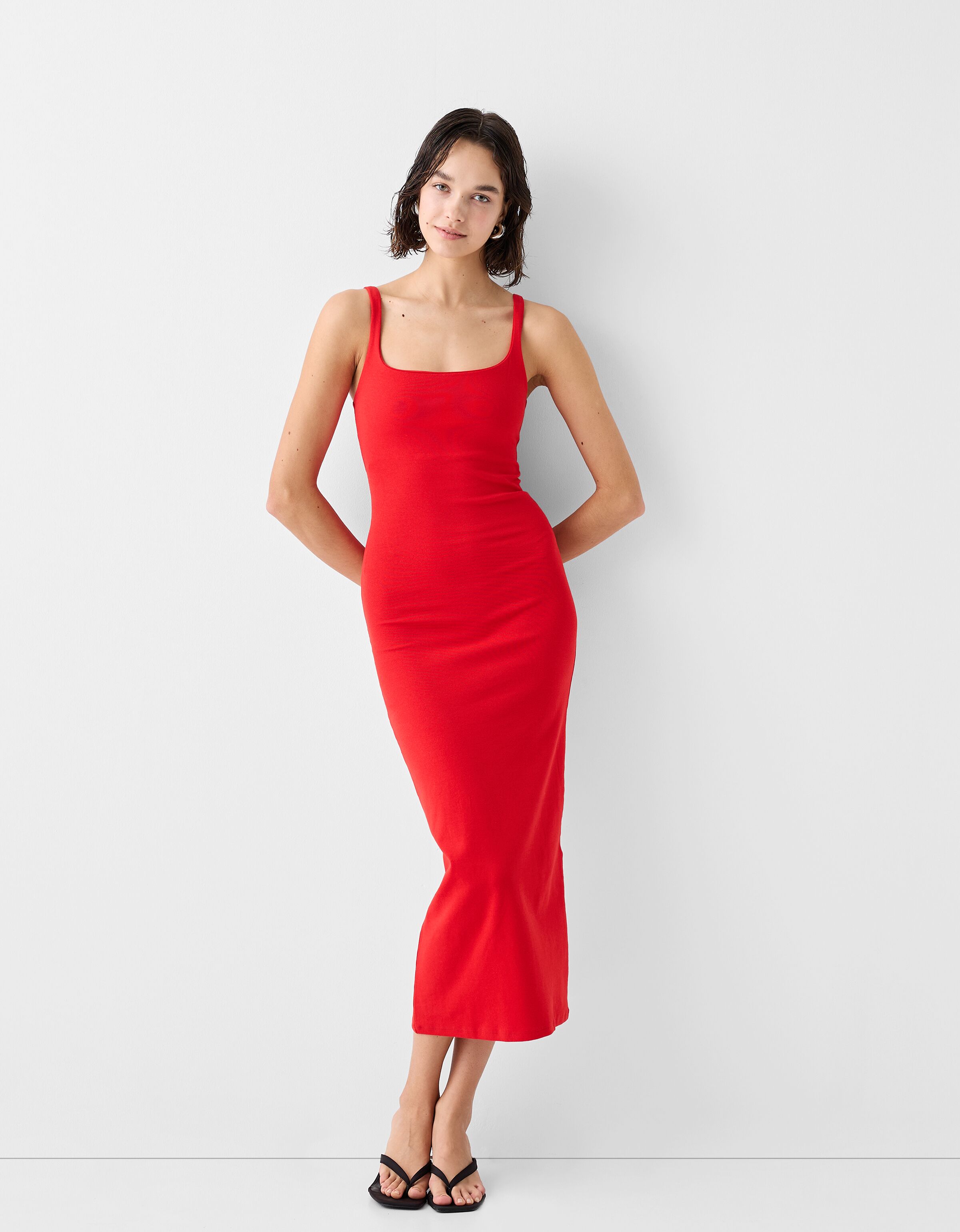 Square neck discount red midi dress