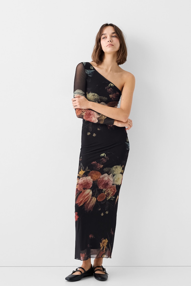 Długa asymetryczna tiulowa sukienka Jan van Kessel z nadrukiem i długim rękawem