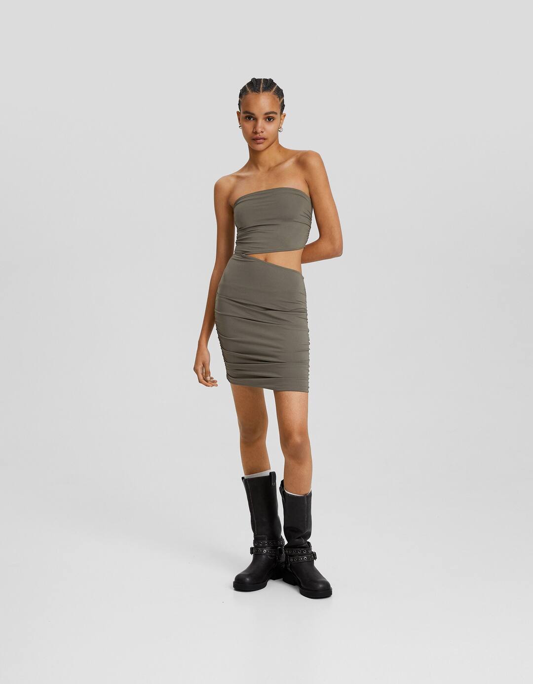Bandeau mini dress with gathered side