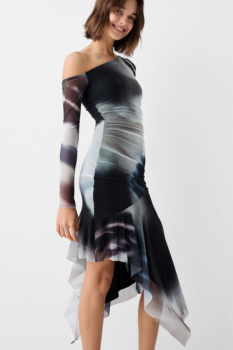 Printed asymmetric long sleeve midi dress