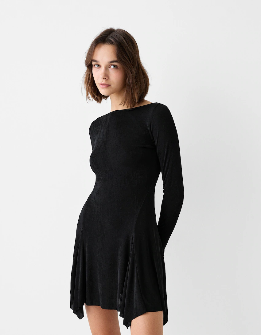 Bayan Long Sleeve Open Back Mini Dress in Black