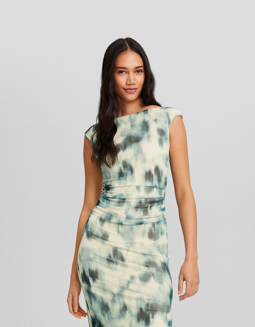 فستان تول متوسط الطول بطبعة وزمة وأكمام قصيرة-أخضر-1